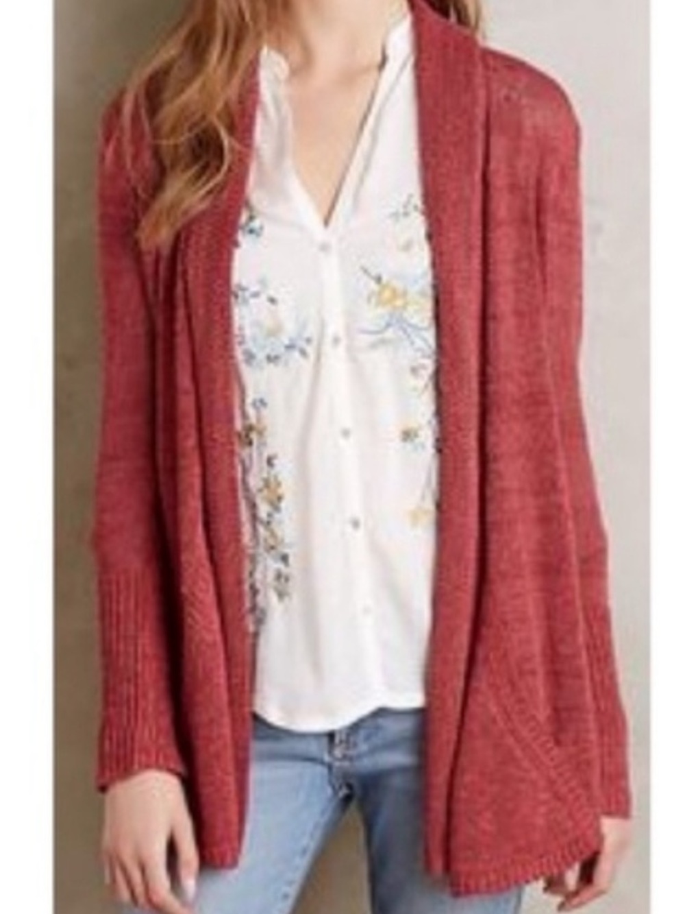 Anthropologie Angel Of The North Cardigan Sweater Women S Red Linen Open Knit
